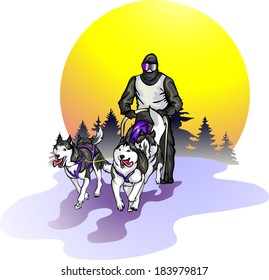 team of Siberian Huskies against a landscape 