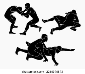 Team silhouettes athletes wrestlers in wrestling, duel, fight. Greco Roman wrestling. Martial art