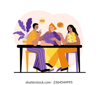 Team sitting at table and talking. Man and woman discuss work tasks. Exchange of information via mail, messenger. Vector illustration in flat style in orange and purple colors