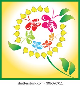 Team of six colorful butterflies enjoying together on a bright yellow flower on a sunny day.
