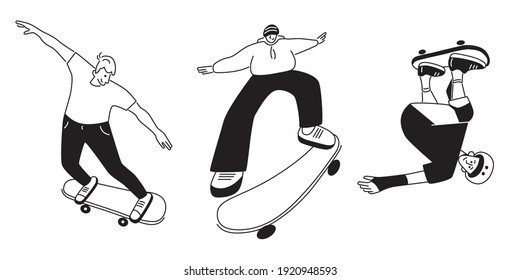 A team of skateboarders performing stunts. Jumping and somersault guys with skates. Street skateboarding. Black and white characters set. Flat style vector design illustrations.