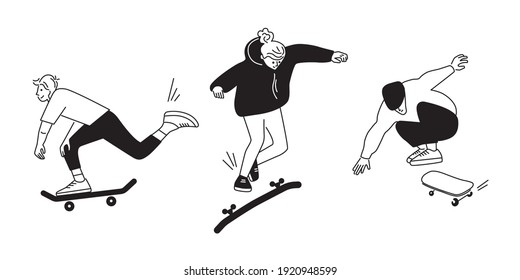 A team of skateboarders performing stunts. Riding and jumping guys with skates. Street skateboarding. Black and white characters set. Flat style vector design illustrations.