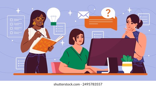 Team skill development. Women near computer working on common project. Managers amd colleagues in office. Collaboration and cooperation. Flat vector illustration isolated on violet background