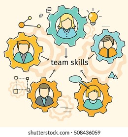 Team skills banner. Avatar in gear. Team building, workshop, training skill, develop ability, expertise, business people teamwork, personal development growth, team leader skills concept. Line art