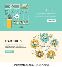 Team skills and business lecture banner. Business education, team building, workshop, training skill, develop ability, expertise, business people teamwork, personal development growth. Vector line art