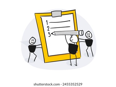 Team of small characters writing to do list business strategy. Vector illustration for teamwork