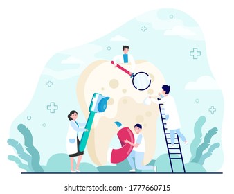 Team of small dentists cleaning and brushing big tooth with toothbrush and paste. People taking care about teeth. Vector illustration for cavity, caries treatment concept