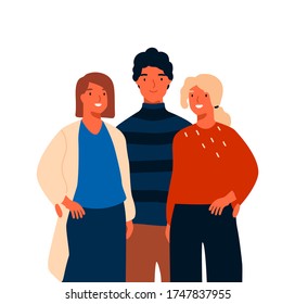 Team of smiling business man and woman posing together vector flat illustration. Happy young people standing having positive emotion isolated on white. Joyful stylish modern person or colleagues