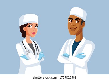 Team Of Smiling MD Doctors Vector Cartoon Illustration. Medical practitioners standing with arms crossed
