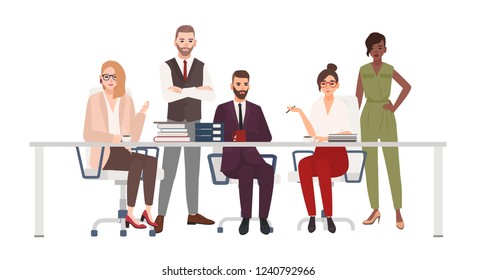 Team of smiling office workers sitting at desk and discuss work issues. Male and female managers at brainstorm meeting. Cartoon characters isolated on white background. Flat vector illustration.