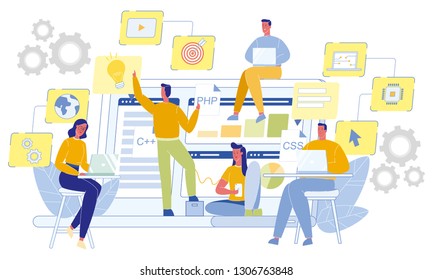 Team of Software Developers. CSS, PHP and C Icons. Coding Programming Languages. Web Engineer Concept. Modern Occupation and Profession. Young People Career. Office Workspace. Vector EPS 10.