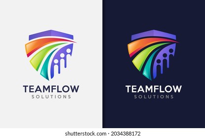 Team Solutions con Emblem Shield y Colorful Line Arrow Combination Concept Design Illustration.