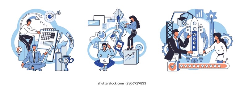 Team solving complex problems. Teamwork vector illustration metaphor. Time management and planning concept, right management Mission of business, values, human resource in solving problem, experience