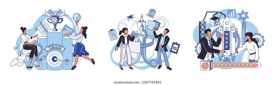 Team solving complex problems. Teamwork vector illustration metaphor. People analyzing business data Business problem solving concept Consulting, marketing idea Communication contemporary marketing