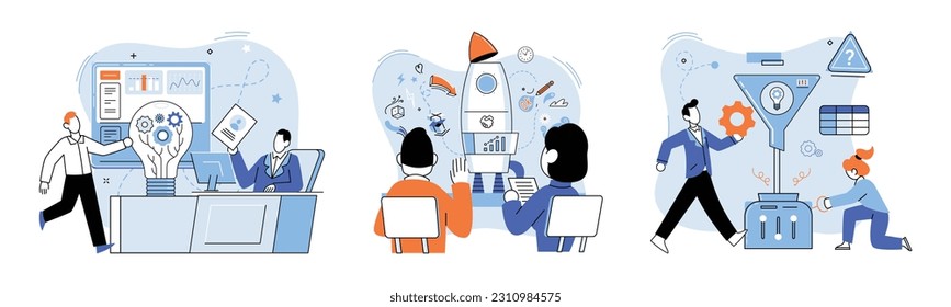 Team solving complex problems. Teamwork vector illustration metaphor. Coworkers characters communication Team building and business partnership concept Brainstorming team discuss about new project