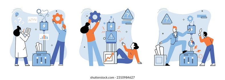 Team solving complex problems. Teamwork vector illustration metaphor. Miniature scene of workers trying to solve problem Teamwork solve problem, strategy plan to work together for success concept