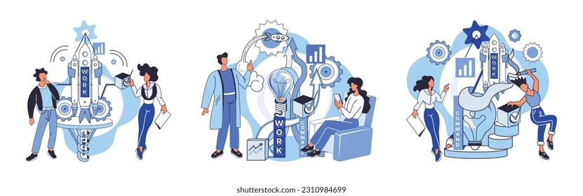 Team solving complex problems. Teamwork vector illustration metaphor. Business solution, startup problems, planning and strategy Departments in organization come together for project Working problem