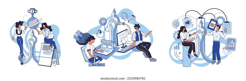 Team solving complex problems. Teamwork vector illustration metaphor. People team working Employee asking questions concept Cross functional team collaboration for common goal Business solution,