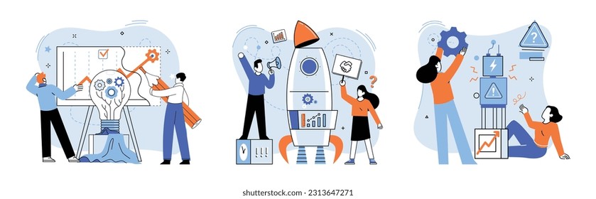 Team solving complex problems. Teamwork vector illustration metaphor. Coworkers characters communication Team building and business partnership concept Brainstorming team discuss about new project