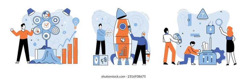 Team solving complex problems. Teamwork vector illustration metaphor. People team working Employee asking questions concept Cross functional team collaboration for common goal Business solution,