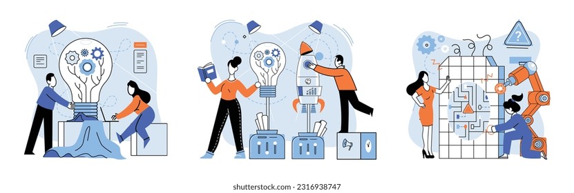 Team solving complex problems. Teamwork vector illustration metaphor. Business invest energy sources Brain activity abstract concept Combining parts to achieve a result Coworkers characters Coworkers