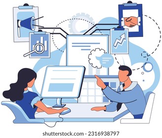 Team solving complex problems. Teamwork vector illustration metaphor. People team working Employee asking questions concept Cross functional team collaboration for common goal Business solution,