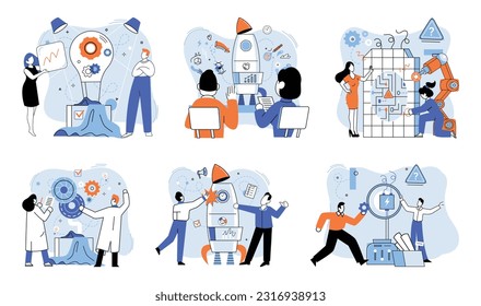 Team solving complex problems. Teamwork vector illustration metaphor. Creative business solutions related Innovation team management Team solves problems and generates ideas People analyzing business