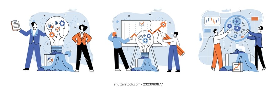 Team solving complex problems. Teamwork vector illustration metaphor. Corporate people working together for solve problem Team building, team collaboration for business idea Miniature scene of workers