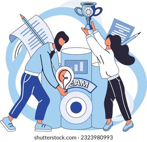 Team solving complex problems. Teamwork vector illustration metaphor. Finding new ideas problem solving Coworkers assembling ideas, team work, people solving problem, business development Time