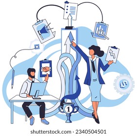 Team solving complex problems. Teamwork vector illustration metaphor. Mission of business, values, human resource in solving problem, experience solve Collective brainstorm, idea generation, team