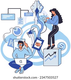 Team solving complex problems. Teamwork vector illustration metaphor. Finding new ideas Problem solving Teamwork search for solutions Stages of business implementation, startup, problem solving