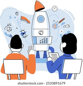 Team solving complex problems. Teamwork vector illustration metaphor. Mission of business, values, human resource in solving problem, experience solve Collective brainstorm, idea generation, team