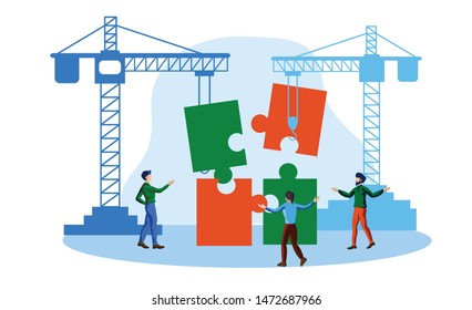 team solving jigsaw puzzle vector illustration concept