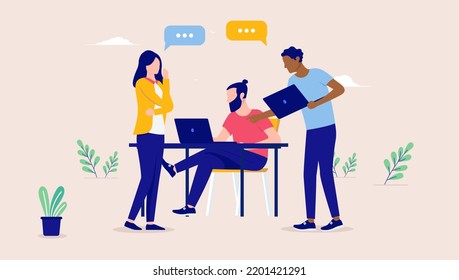 Team Solving Problem By Communication - Small Group Of Diverse Office People Talking And Discussing With Computers. Flat Design Vector Illustration