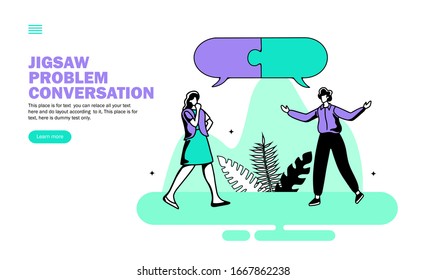 team solving problem with jigsaw conversation vector illustration