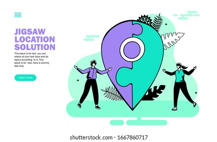 team solving problem of location with jigsaw vector illustration