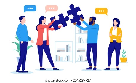 Team solving problem - People in office with jigsaw puzzle pieces connecting and finding solutions for company and business. Flat design vector illustration with white background