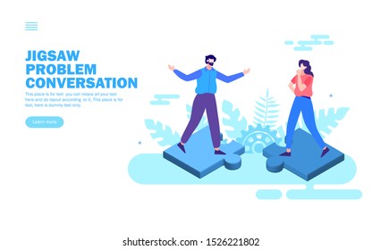 team solving problem with standing on jigsaw and discussion vector illustration