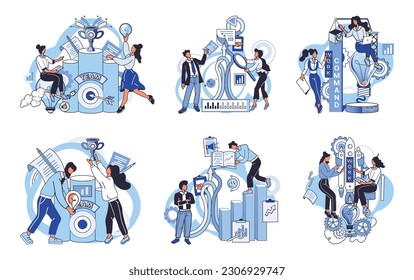 Team solving problems. Data scientists, software engineer, statistician, programmers, visualizer and analyst working on a project Problem solving skills abstract concept People communication in search