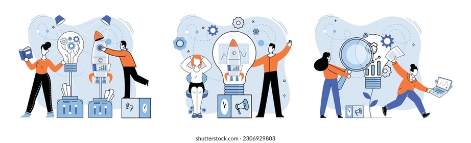 Team solving problems. Discussion of idea Creative mind, brainstorm Productivity, effectiveness Intelligence and knowledge development with brain performance Problems research and discover new idea,