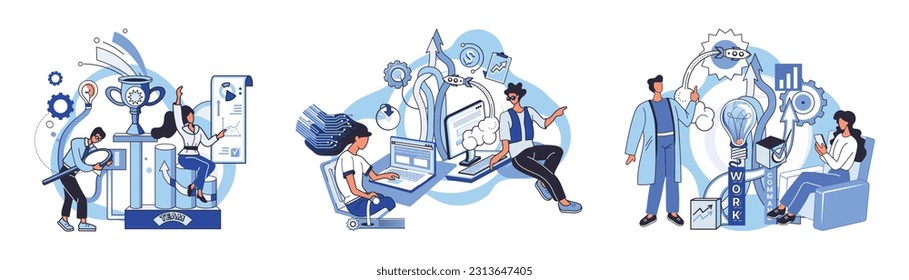 Team solving problems. Discussion of idea Creative mind, brainstorm Productivity, effectiveness Intelligence and knowledge development with brain performance Problems research and discover new idea,