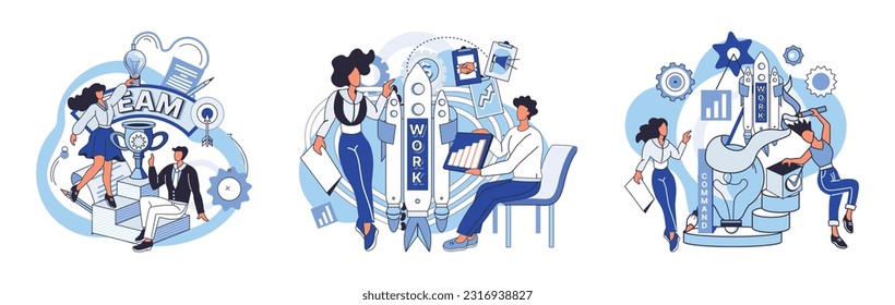 Team solving problems. Effective business solution strategy and complex task cooperation as successful performance process Teams solving problems brainstorming ideas, using technology to analyze data