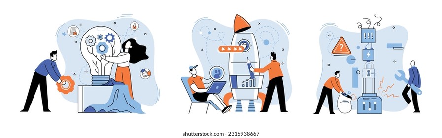 Team solving problems. Gears and technical wheels as thoughts Cooperation for common goal and target Talking about a new idea Data scientists, software engineer, statistician, programmers, visualizer