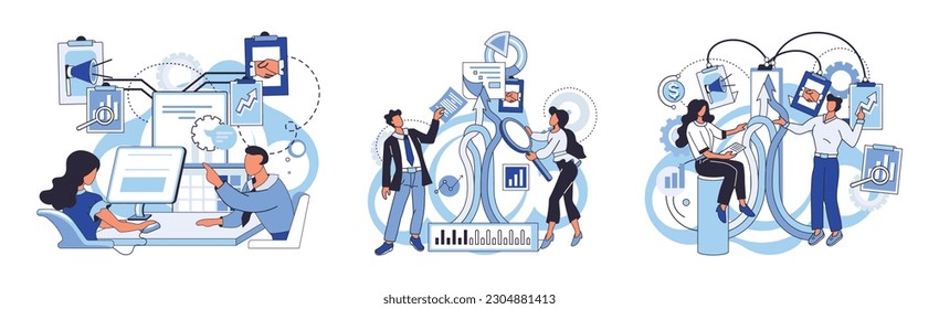 Team solving problems Leadership to guide employee to achieve goal concept Problem discussion Confused businesspeople asking questions Solve business problem, cooperation or collaboration in company