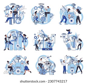 Team solving problems. People try find solutions and solve problem in manufacturing and tech industry by brainstorming Effective business solution strategy and complex task cooperation as successful
