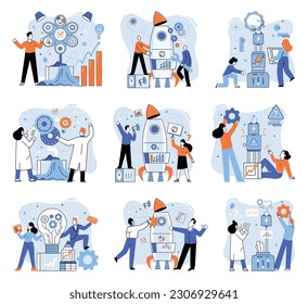 Team solving problems Problem solving Union and teamwork. Collaborating for find idea to solve a problem Strategy for business Match business vision Cartoon partners working in connection Project