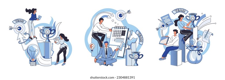 Team solving problems Project completed, work done, test, option approved, document checked Business growth and investment Problem-solving, business challenge Team work and team building, corporate