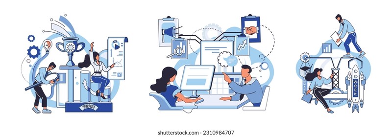 Team solving problems Solve business problem, cooperation or collaboration in company to achieve business success concept Working problem Appearance of an idea Focus group concept with people scene in