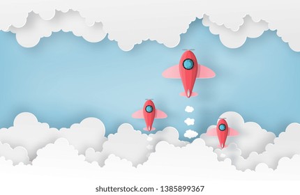 team spaceship or planes launch into the sky between the clouds. Vector paper art in startup business or education concept .