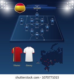 Team Spain soccer jersey or football kit with match formation tactic infographic. Football player position on football pitch and stadium map for broadcasting graphic. Vector Illustration.